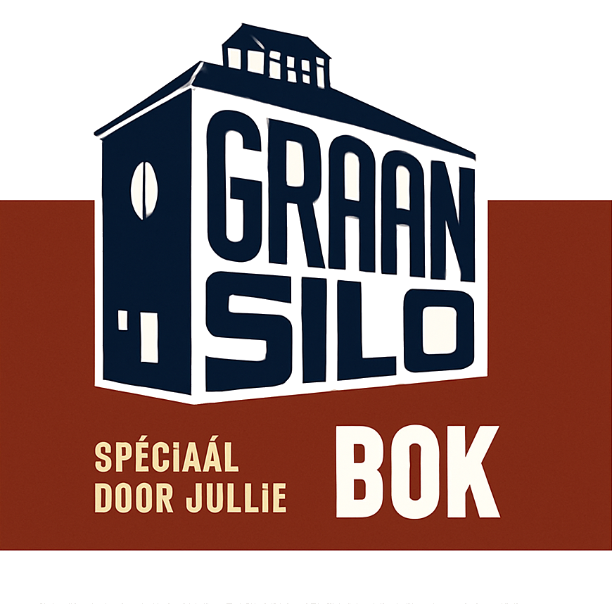 Logo van Graan Silo Bok met gestileerde silo en roodbruine ondergrond