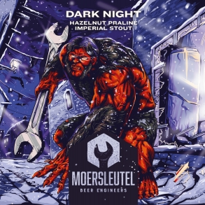 Bliklabel van Moersleutel Dark Night met rode demon in besneeuwde nachtelijke steeg en productinformatie.
