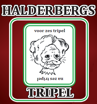 Rood bieretiket van Halderbergs Tripel met witte typografie, groene rand en een getekende hondenkop.