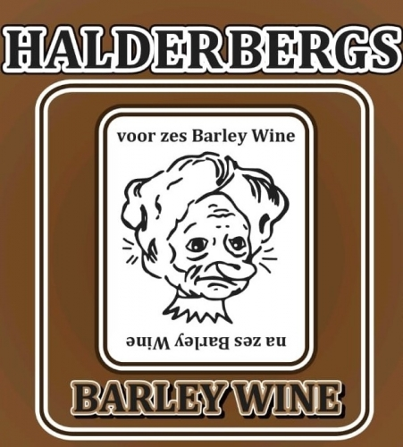 Bruin bieretiket van Halderbergs Barley Wine met wit kader en zwart-witte illustratie van een gezicht.