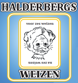 Blauw Halderbergs Weizen-label met gele rand, witte tekst en een zwart-witte narrenkop.