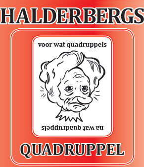 Rood etiket van Halderbergs Quadrupel met witte typografie en een centrale lijntekening van een gezicht.
