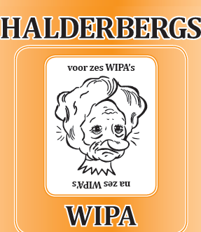Oranje Halderbergs WIPA-label met cartoonhond, centrale witte kadertekst en grote WIPA-typografie.