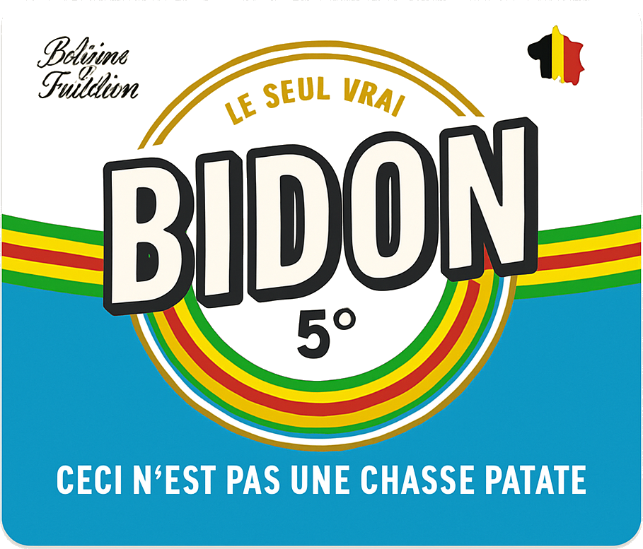 Grafisch bieretiket van Bidon 5° met Belgische kleuren, zwarte bovenkant en turquoise ondervlak.