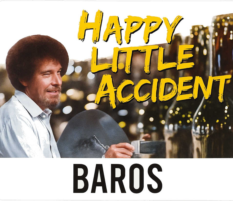 Man met afro schildert tussen wijnflessen met gele tekst Happy Little Accident en Baros.