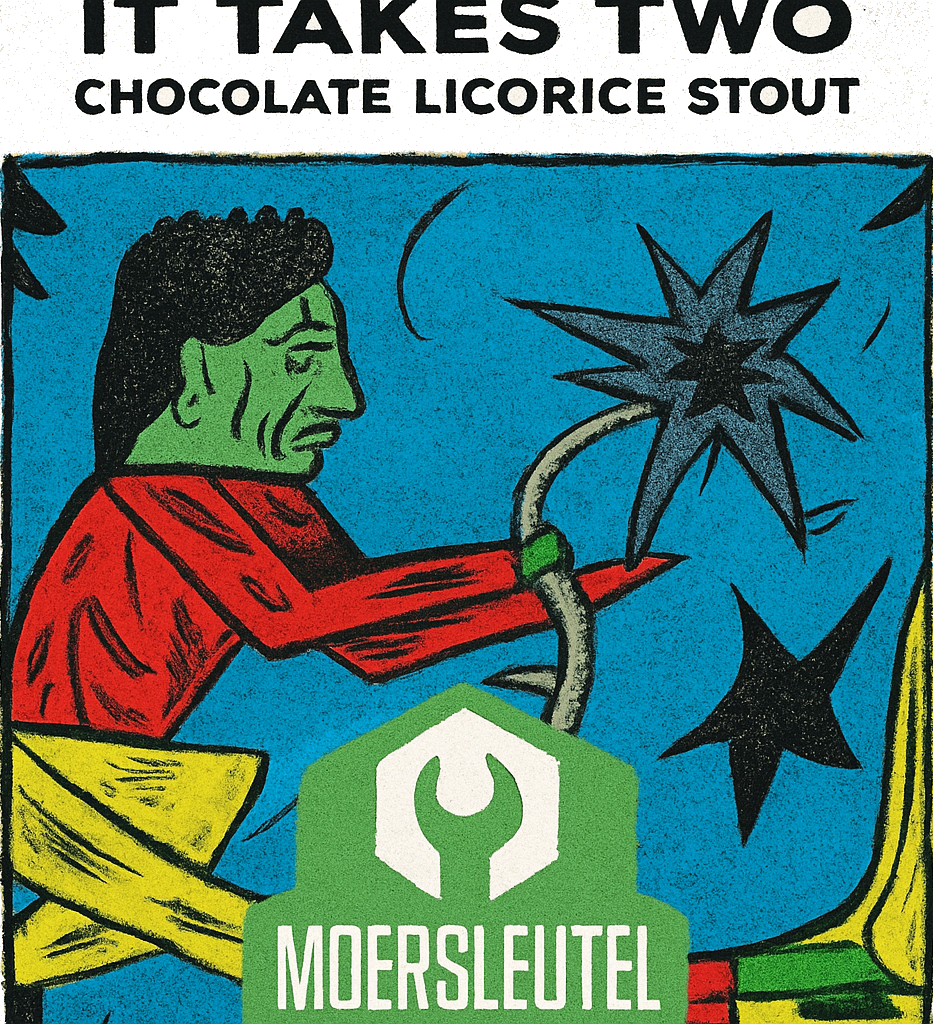 Illustratief bierlabel met groene figuur, sterren en Moersleutel-logo voor It Takes Two stout.