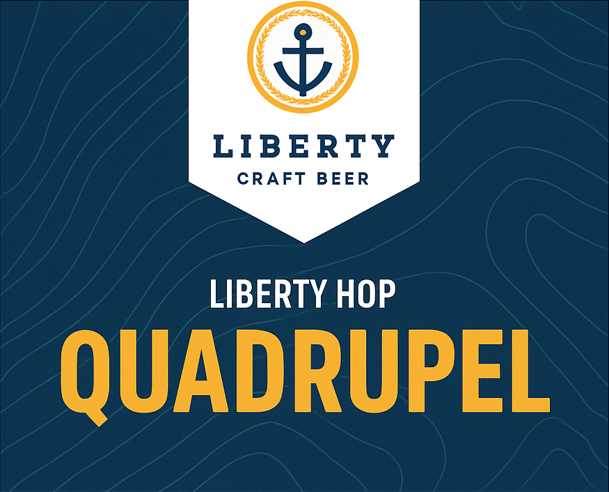 Etiketontwerp van Liberty Craft Beer met ankerlogo en grote tekst Liberty Hop Quadrupel op donkerblauwe achtergrond.