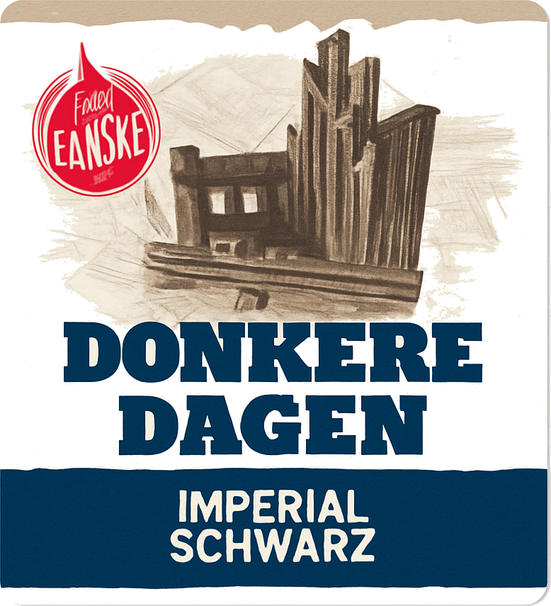 Poster voor Donkere Dagen Imperial Schwarz met gebouwschets, blauw opschrift en rood Fellow Eanske-logo.