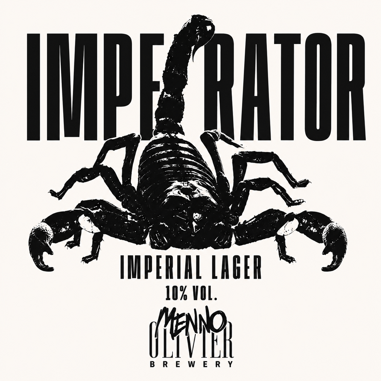 Menno Olivier Imperator bieretiket met zwarte schorpioen en typografie op lichte achtergrond.