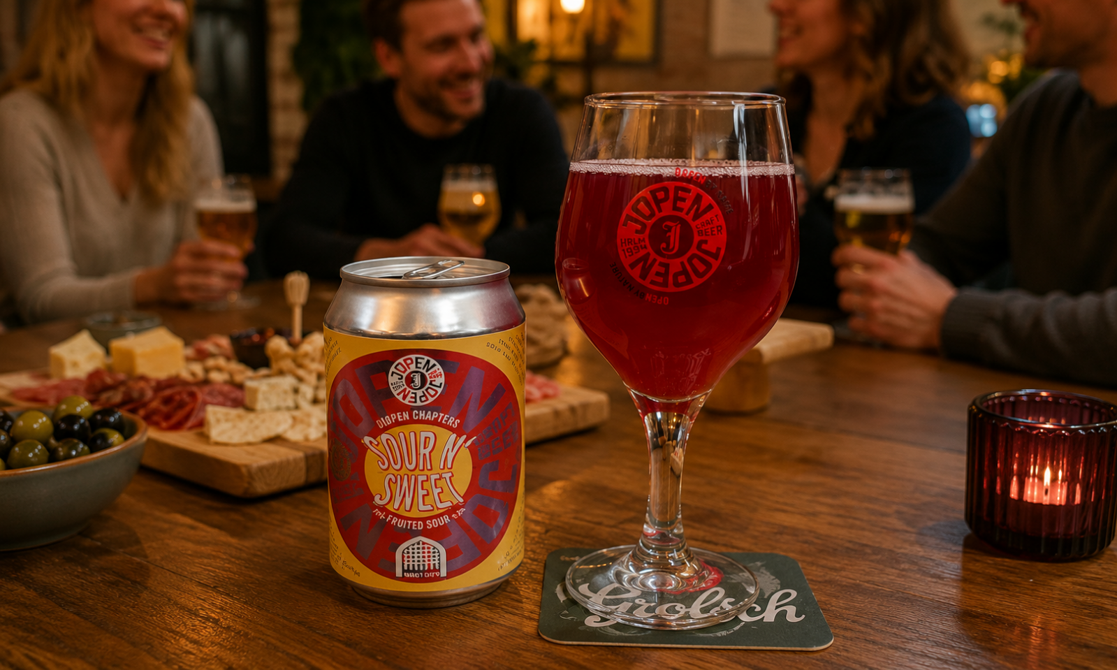 Blik Jopen Sour N’ Sweet en glas rood bier op tafel met borrelplank en vrienden op de achtergrond.