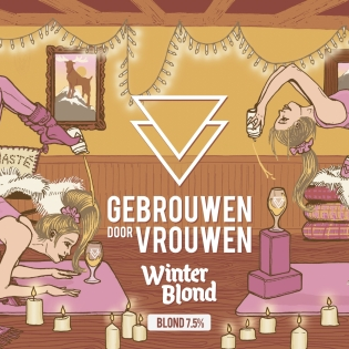 Illustratie van Gebrouwen door Vrouwen Winter Blond met yogende vrouwen, kaarsen en warm interieur.
