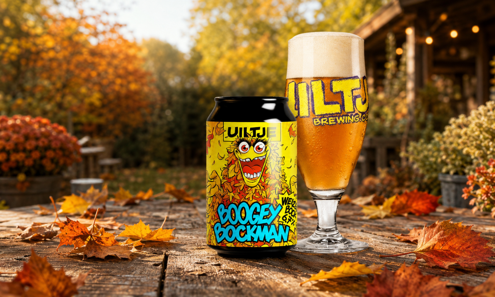 Blik Uiltje Boogey Bockman met vol bierglas op een herfstige houten tafel.