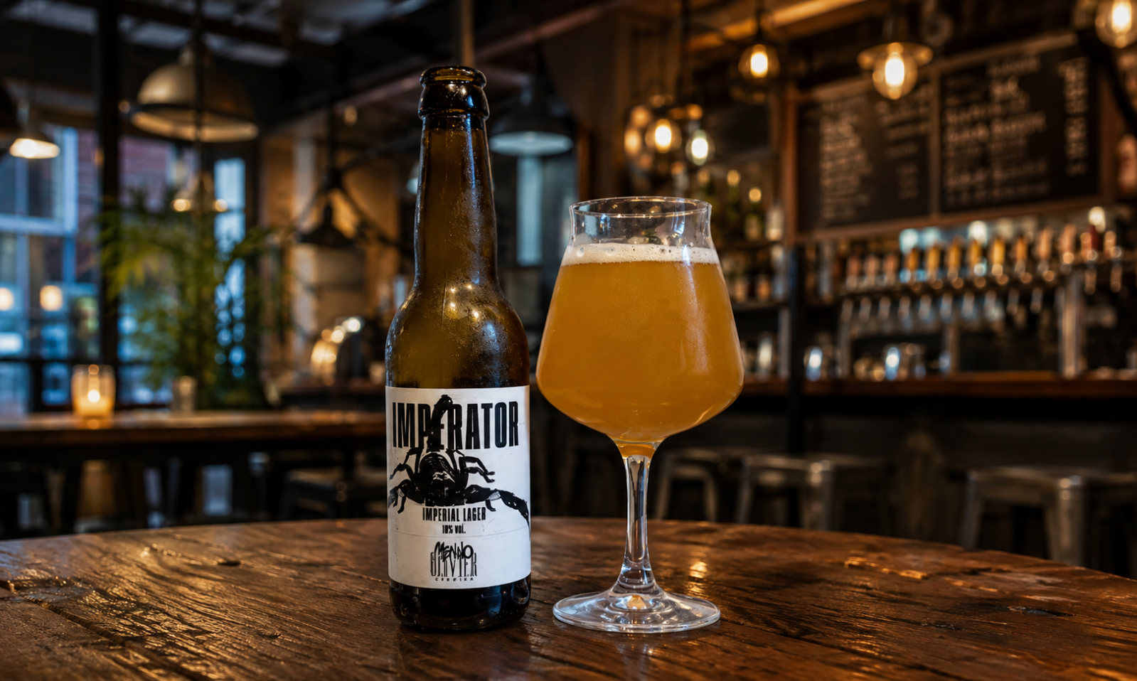 Fles Imperator imperial lager met gevuld bierglas op een houten bar in een sfeervol café.