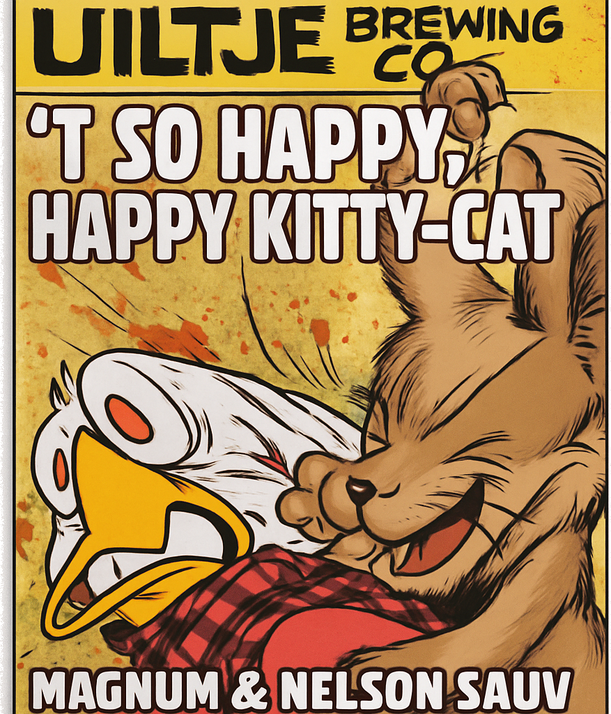 Etiket van Uiltje Not so happy, hoppy kitty cat