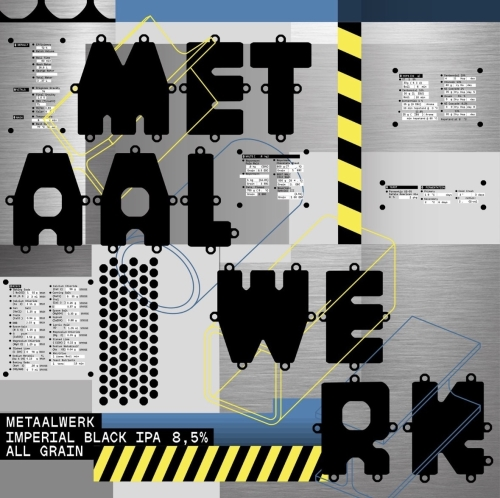 Blikontwerp van METAALWERK met zwarte stencilletters, metaalpanelen en geel-zwarte waarschuwingsstrepen.