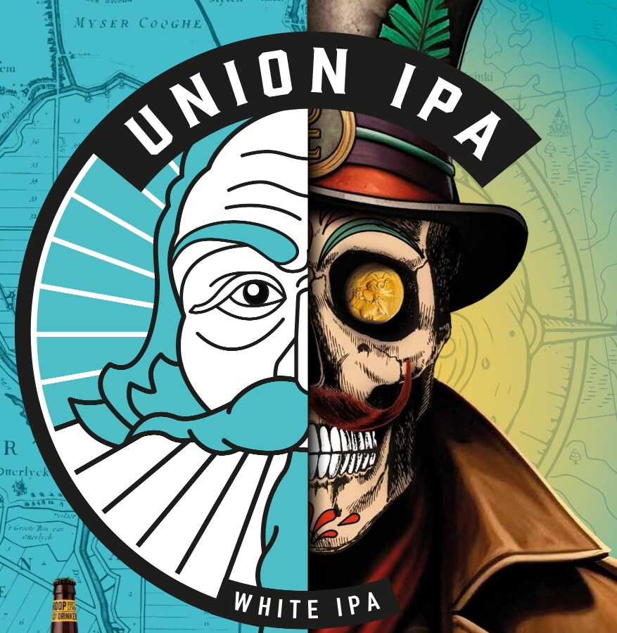 Ronde etiketillustratie van de Union IPA met links de kop van Leeghwater en rechts de kaper van Hoop.