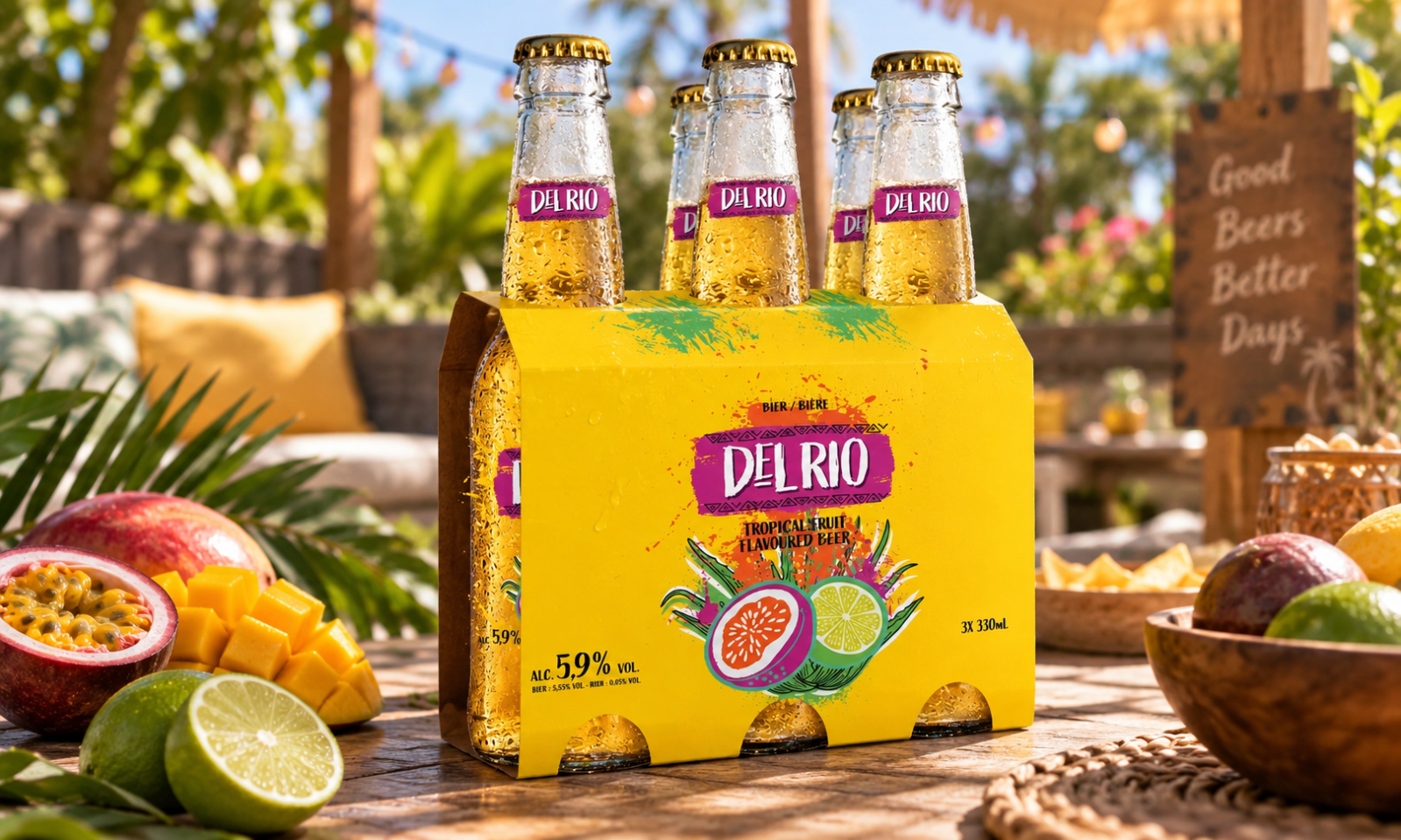 Del Rio tropical fruit bier in geel kratje op tafel met mango, passievrucht en limoen.