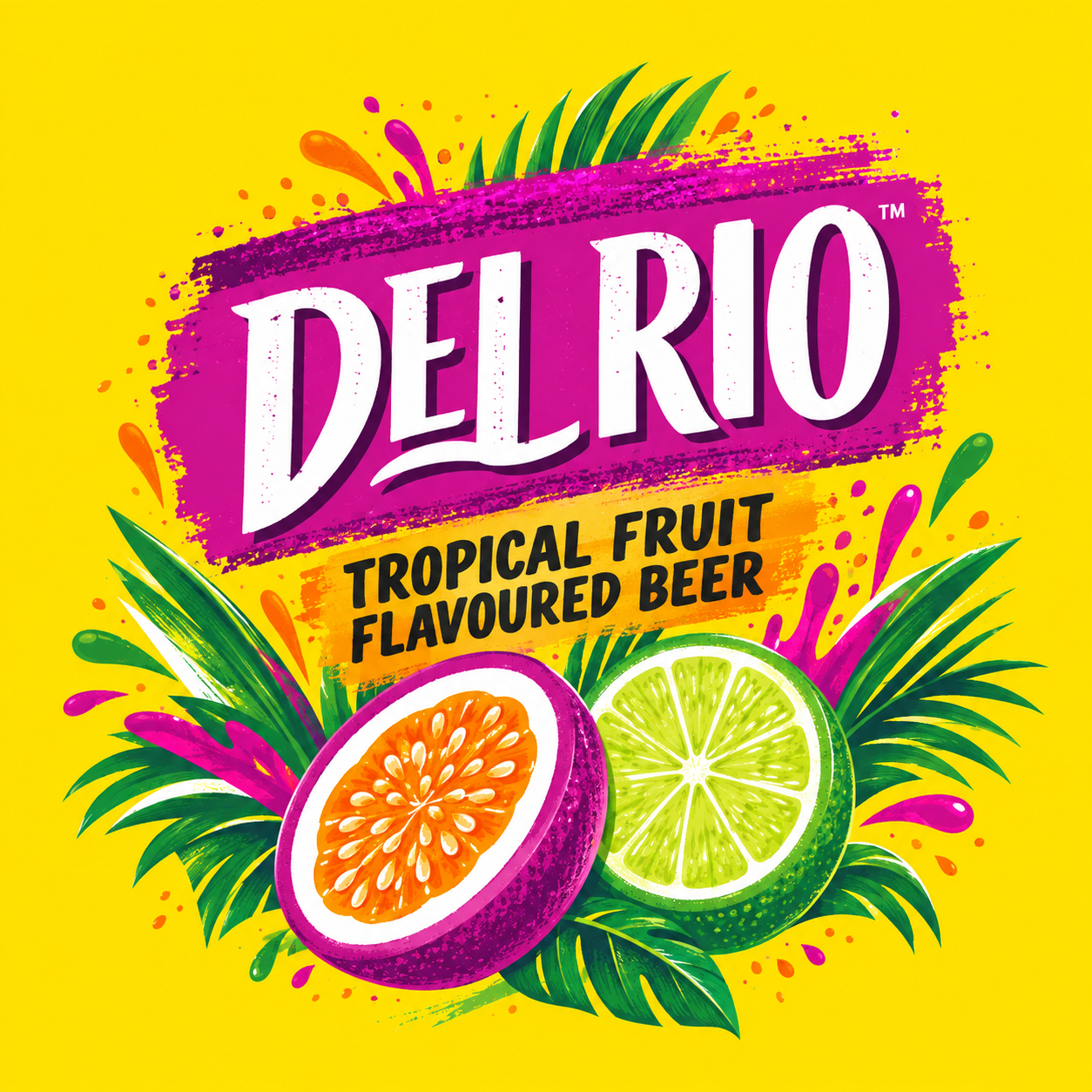 Felgele Del Rio Tropical fruit beer illustratie met tropisch fruit, limoen, passievrucht en palmbladeren.