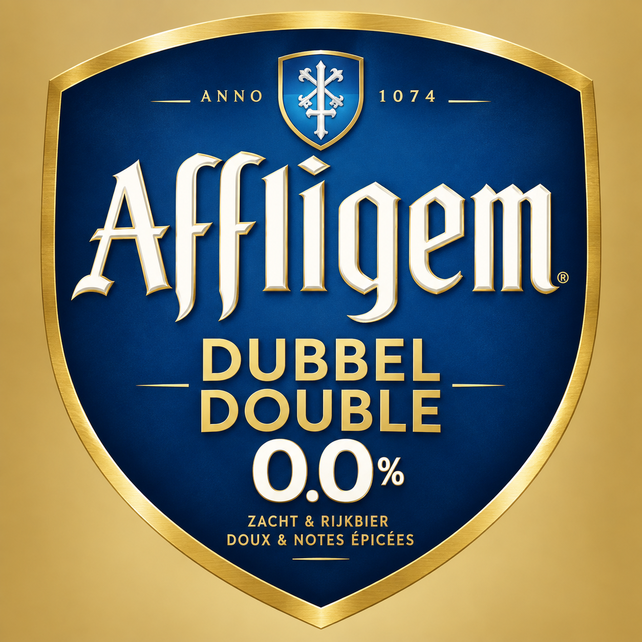 Blauw-gouden etiket van Affligem Dubbel Double 0.0% met logo en schildvorm.