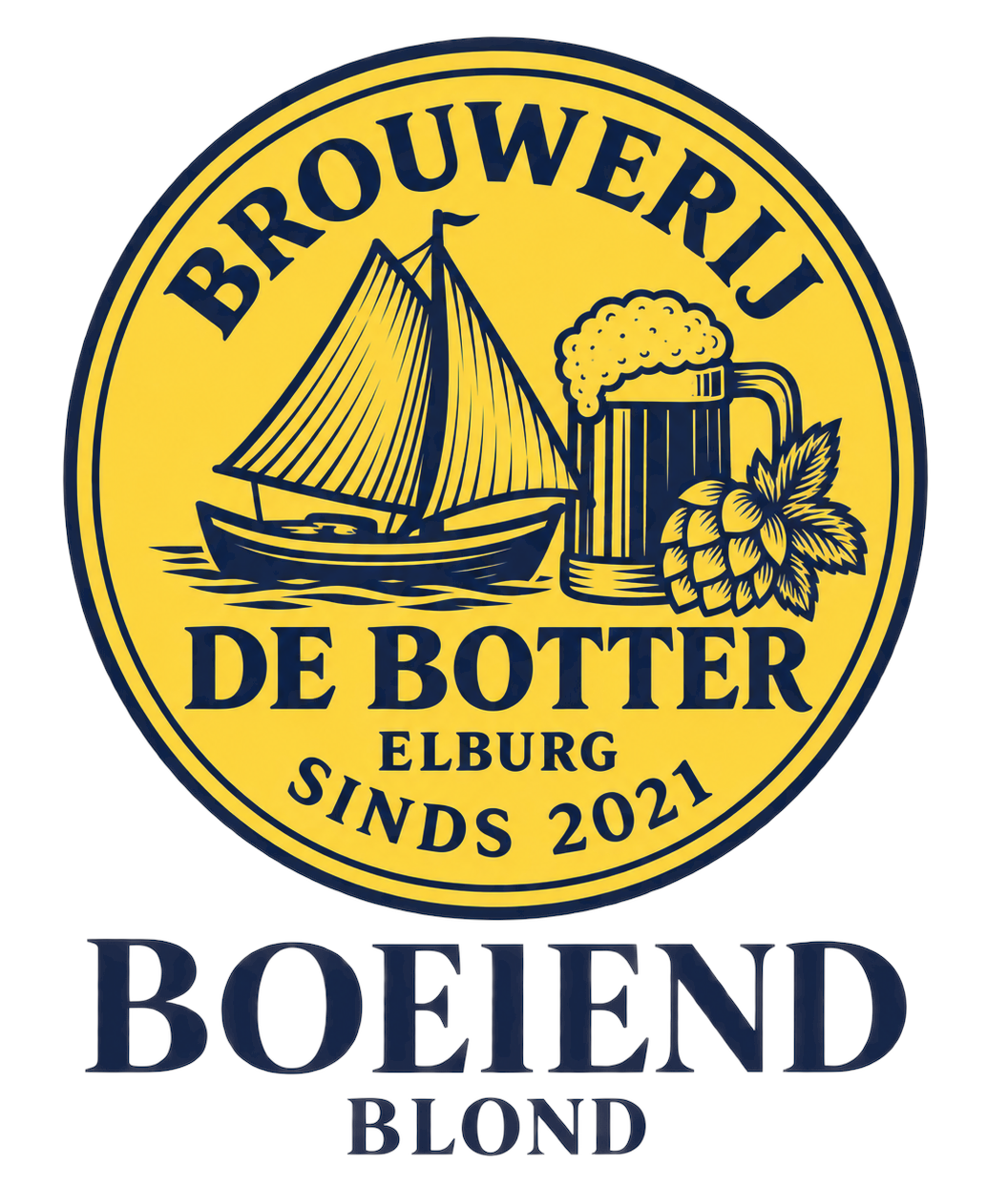 Geel-blauw logo van Boeiend Blond met zeilboot, bierpul, hop en Brouwerij De Botter Elburg.