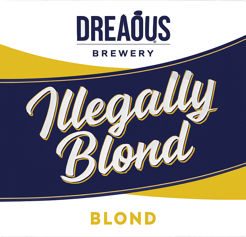 Bieretiket van DreaQus Brewery met de tekst Illegally Blond in wit op donkerblauw en geel.