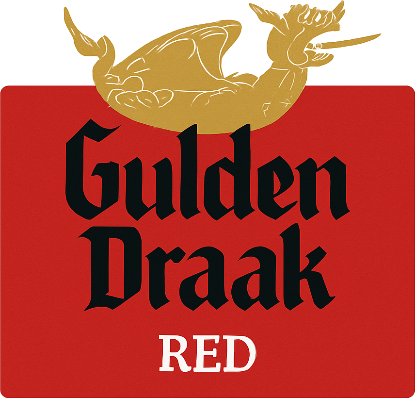 Rood Gulden Draak Red-logo met gouden draak en zwarte gotische typografie op witte achtergrond.