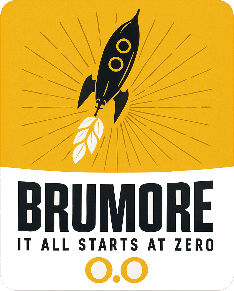 Geel-wit Brumore 0.0 label met zwarte raket, hopbladeren en grote merknaam.