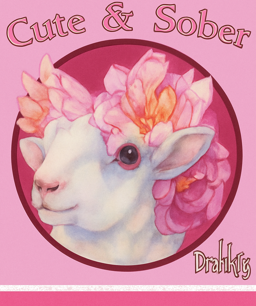 Roze label van Cute & Sober met een wit geitje, bloemenkrans en de tekst Drakky.