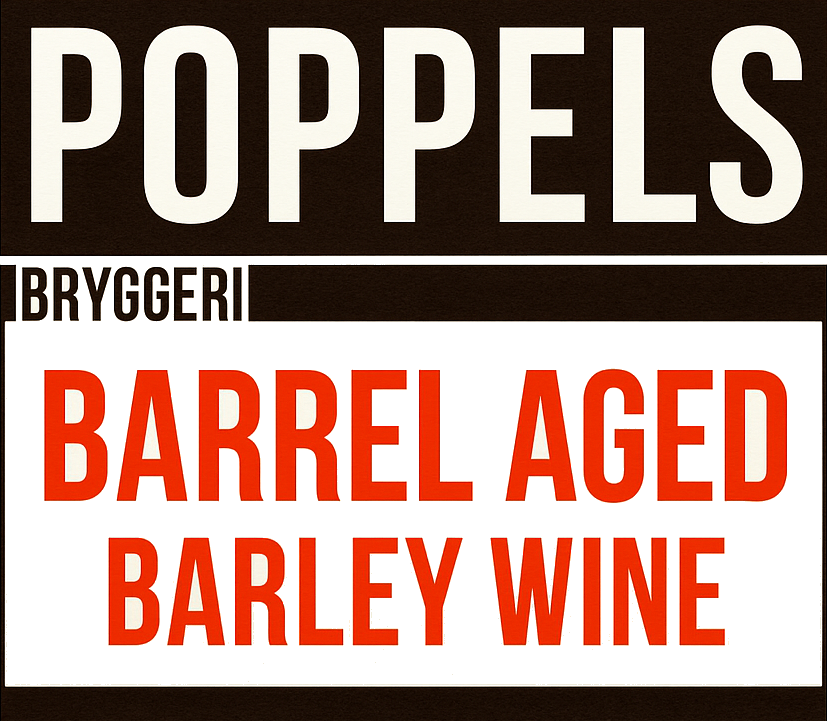 Close-up van Poppels-label met de tekst Barrel Aged Barley Wine in rood op wit.