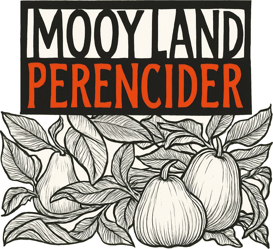 Grafisch etiket van Mooyland perencider met rode tekst en zwart-witte illustraties van peren en bladeren.