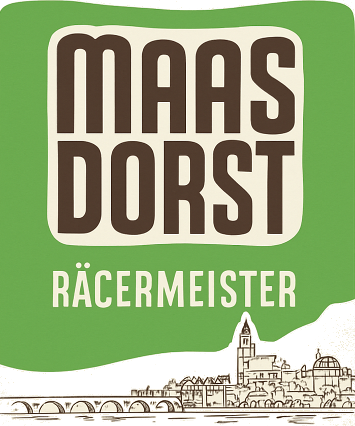 Groen Maasdorst Räcermeister label met bruine tekst en getekende skyline langs de Maas.