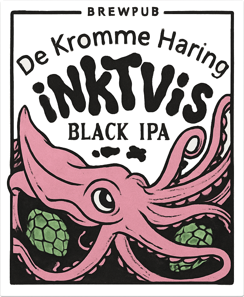 Bierlabel van De Kromme Haring Inktvis Black IPA met roze inktvis en groene hopbellen.