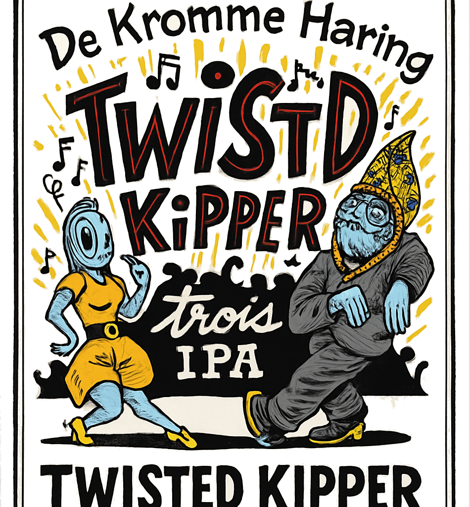 Illustratief bieretiket van De Kromme Haring Twisted Kipper met twee dansende visfiguren.
