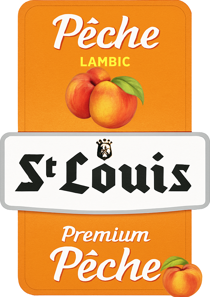 Oranje St. Louis Premium Pêche lambic-etiket met perziken en wit merklogo.