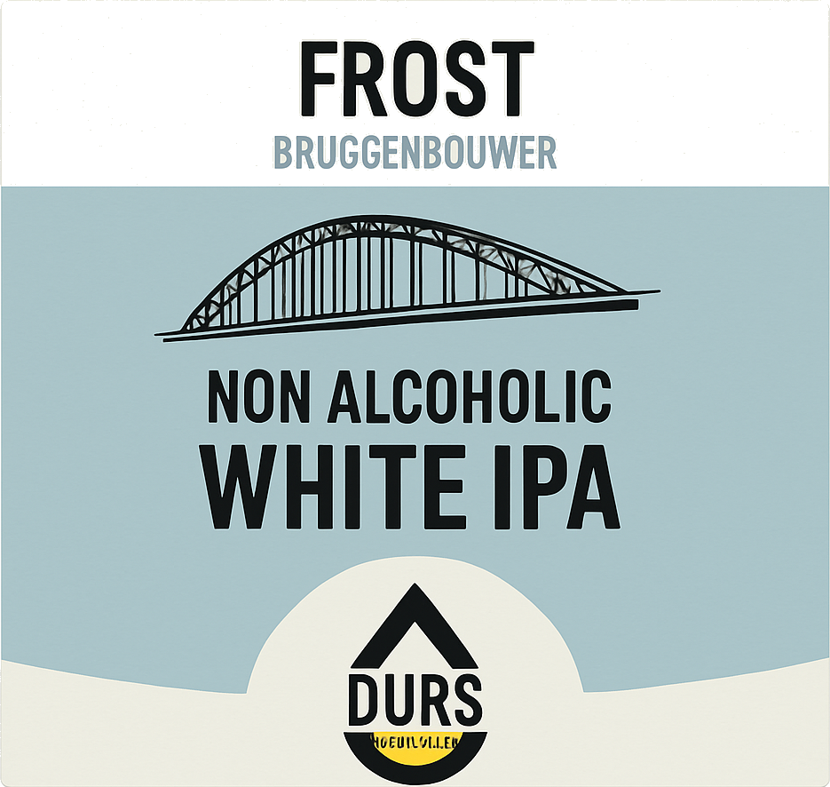 Etiket van Durs Frost Bruggenbouwer met brugillustratie en alcoholvrije White IPA-tekst.