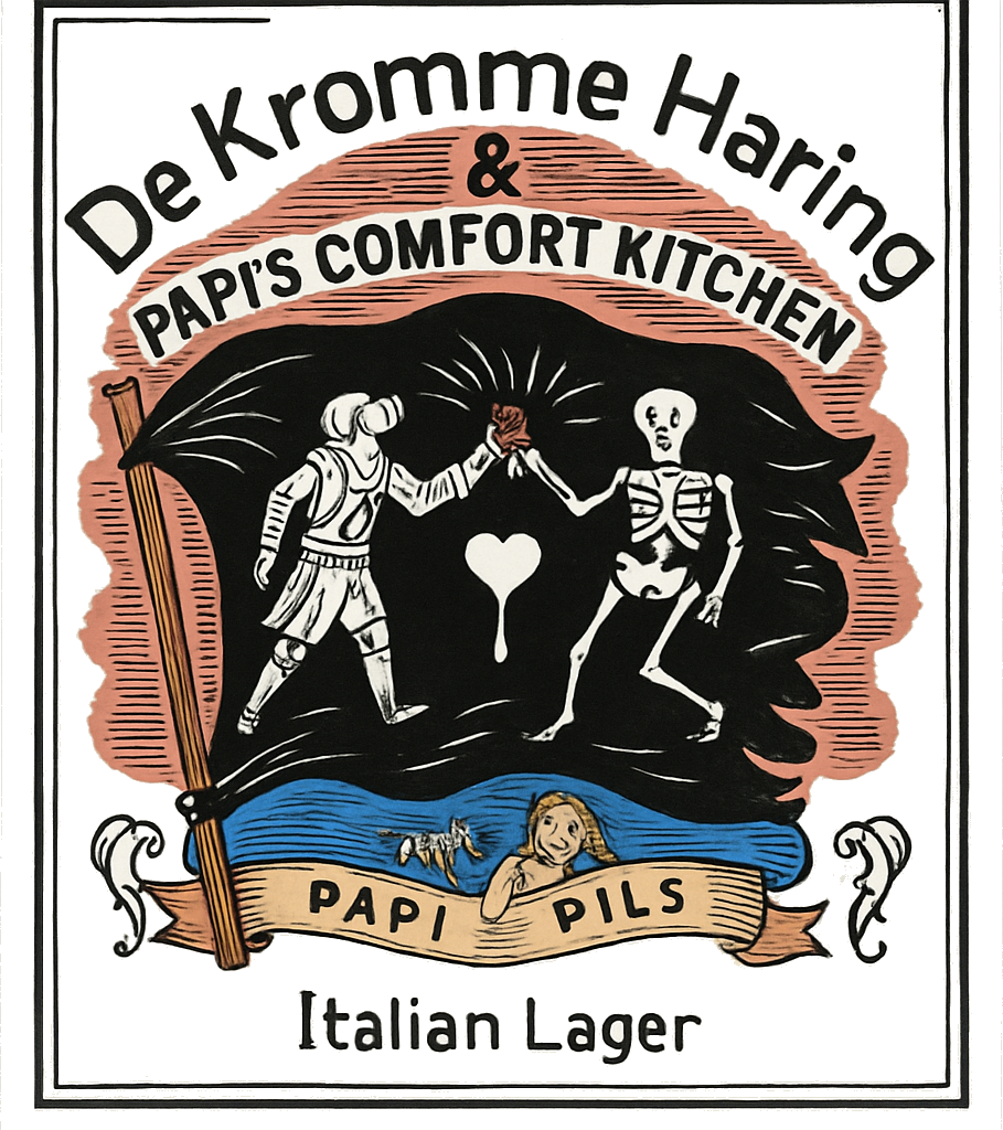 Geïllustreerd bieretiket van De Kromme Haring Papi Pils met zwarte vlag, skelet en lint.
