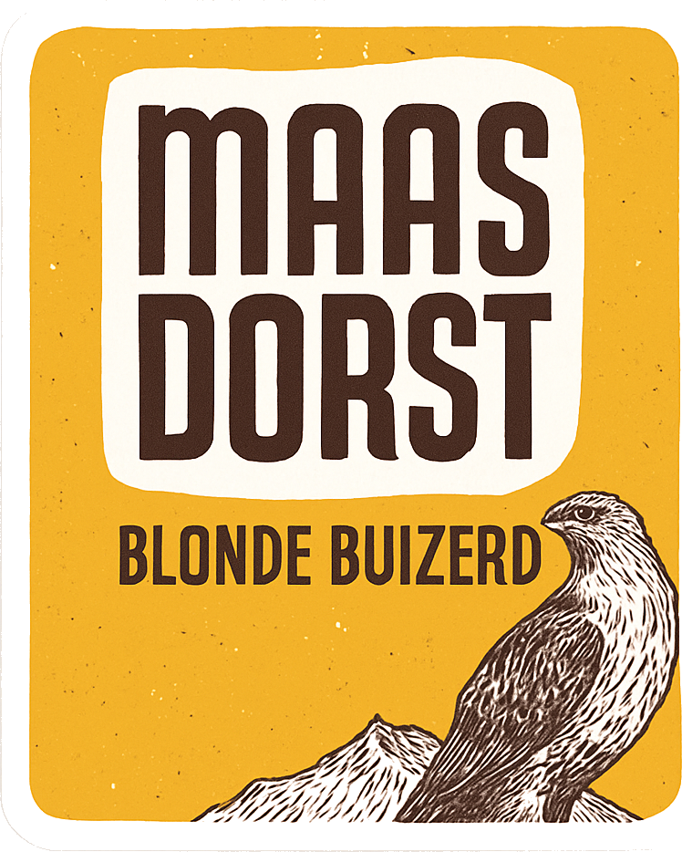 Geel etiket met tekst Maasdorst Blonde Buizerd en een getekende buizerd rechtsonder.