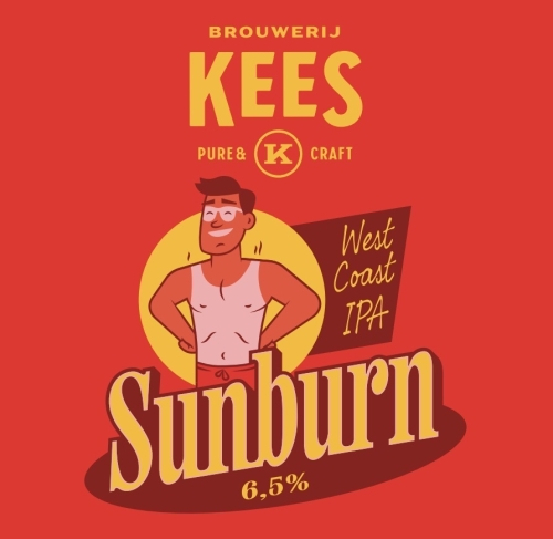 Rood bieretiket van Kees Sunburn met cartoon van verbrande man en tekst West Coast IPA 6,5%.
