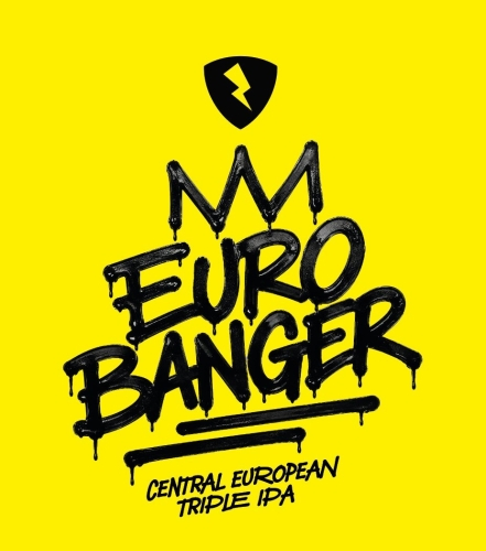 Felgele Euro Banger illustratie met zwarte graffitiletters, kroonsymbool en tekst Central European triple IPA.