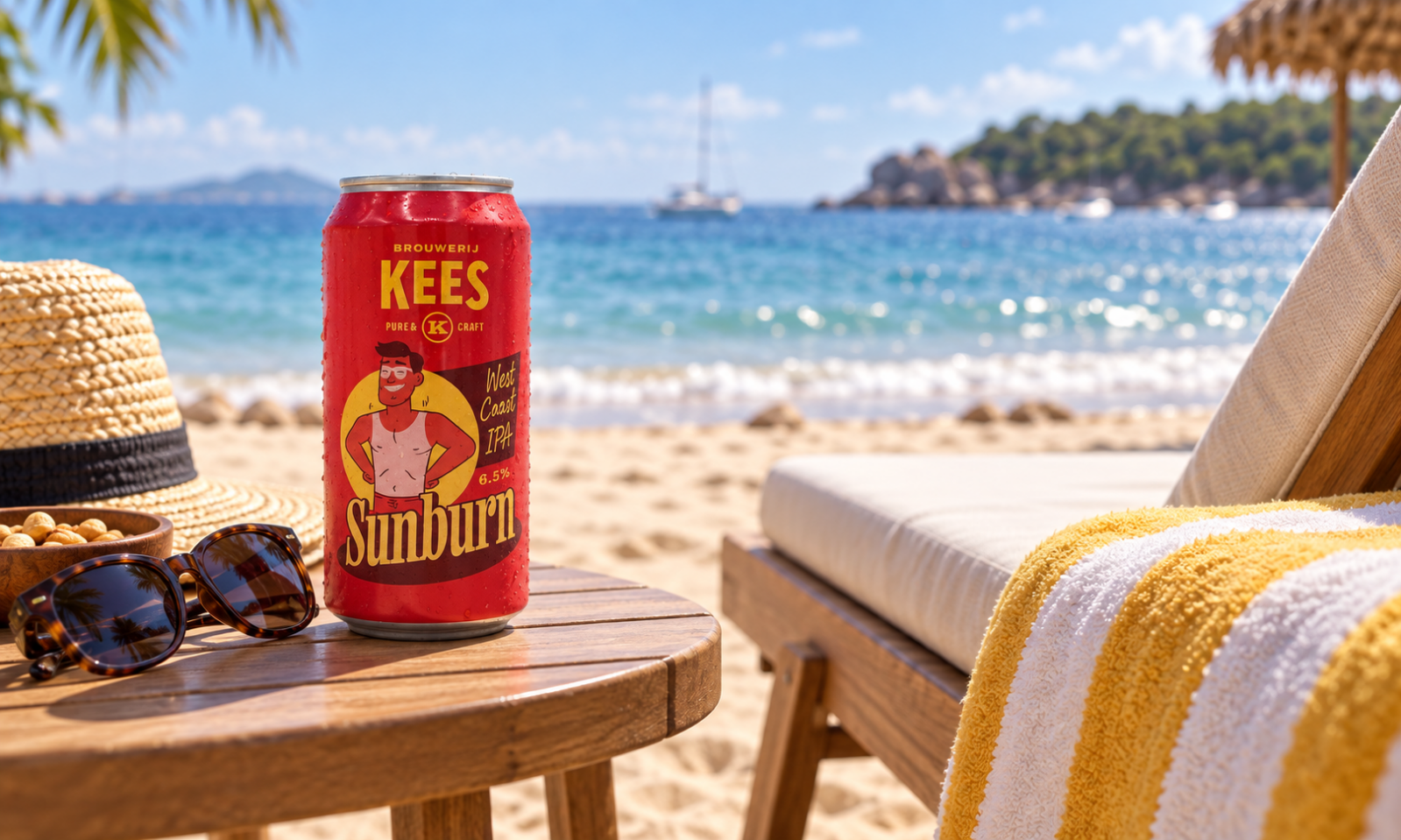 Rood blik Kees Sunburn bier op strandtafel met zonnebril, hoed en zee op de achtergrond.