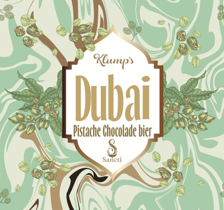 Etiket voor Dubai pistache chocolate bier met mintgroene marmering en botanische takken.