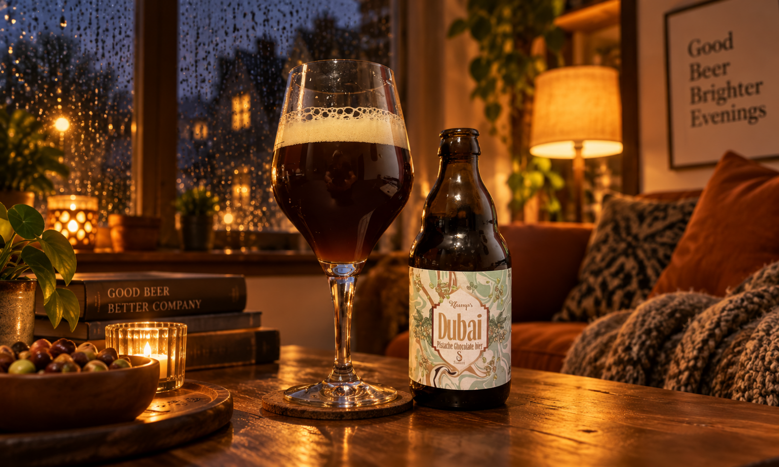 Glas donker bier en fles Sancti Adalberti Dubai op tafel in warme woonkamer bij regenachtig raam