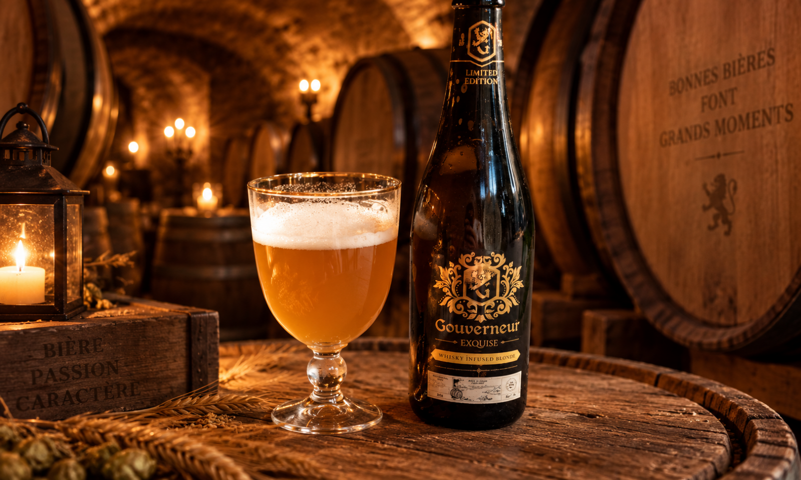 Fles Gouverneur Exquise met glas blond bier op houten vat in warme kelder met kaarslicht.