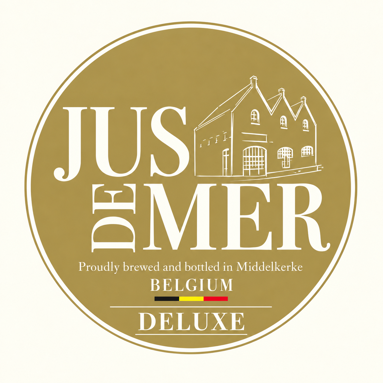 Goudkleurig rond Jus de Mer Deluxe-logo met witte tekst, gebouwlijntekening en Belgische vlag.