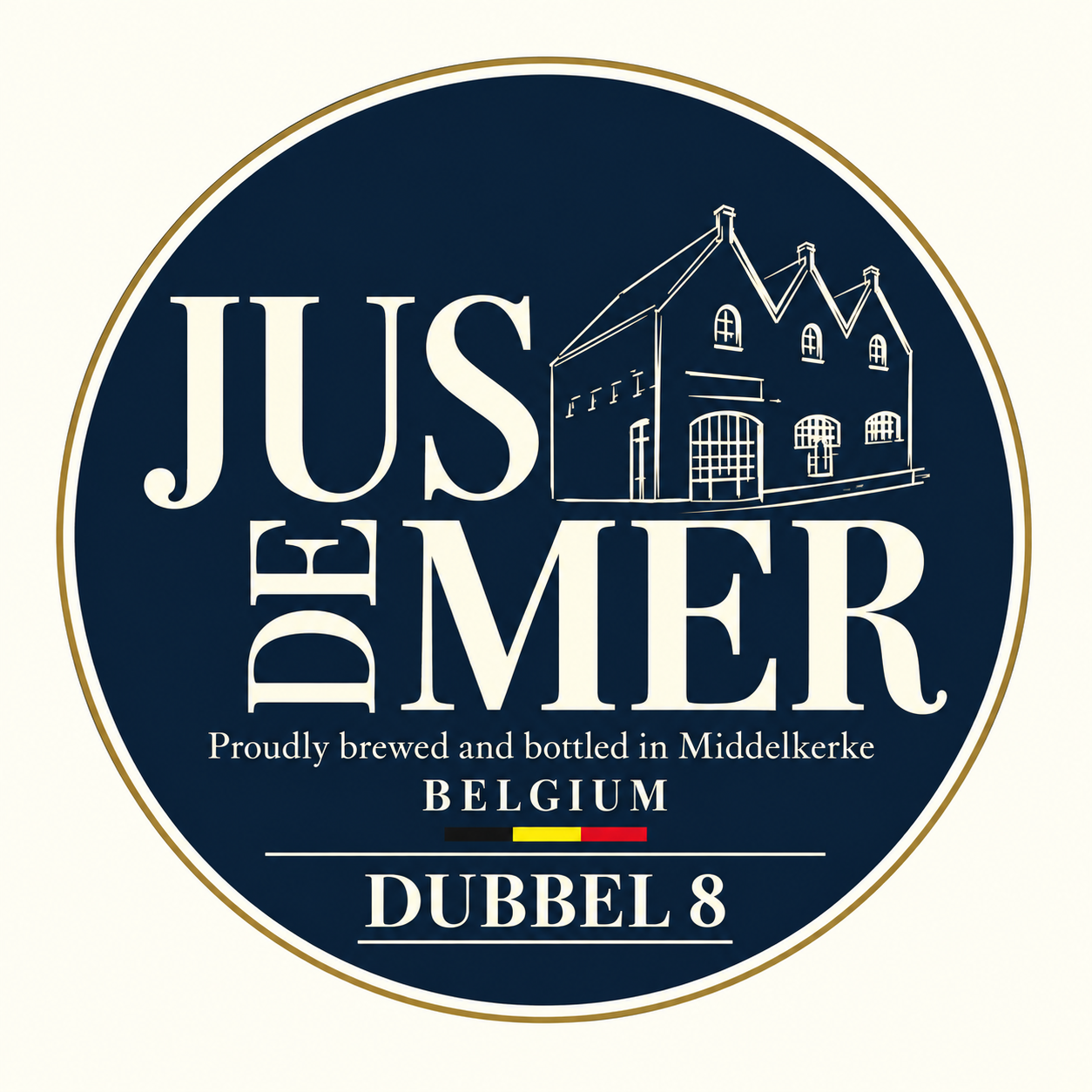 Rond donkerblauw Jus de Mer-label met witte typografie, brouwerijtekening en tekst Dubbel 8.
