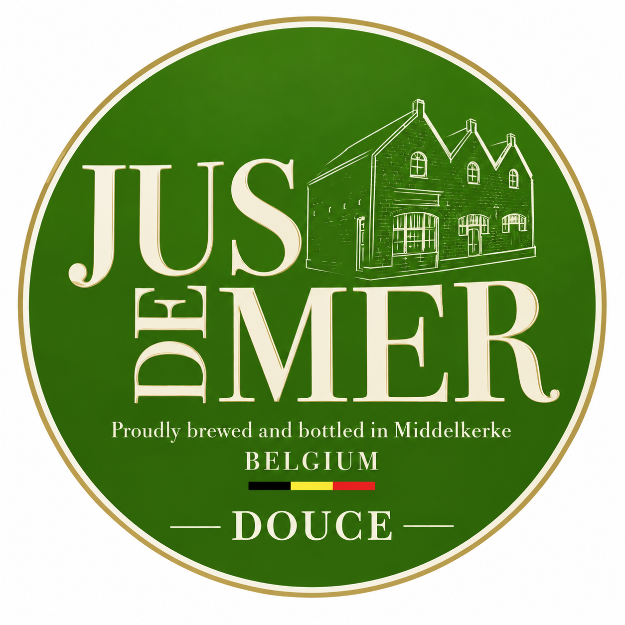 Groen rond logo van Jus de Mer Douce met gebouwillustratie, Belgische vlag en gouden rand.
