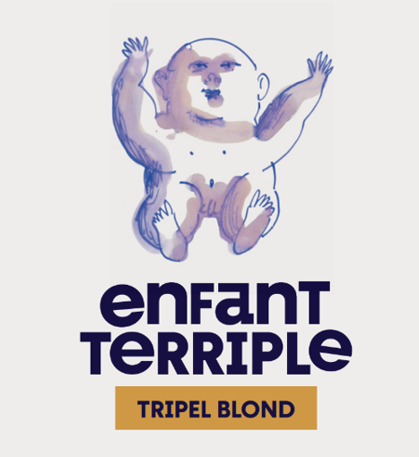 Etiket met aquarelillustratie van baby met armen omhoog en tekst Enfant Terriple Tripel Blond.