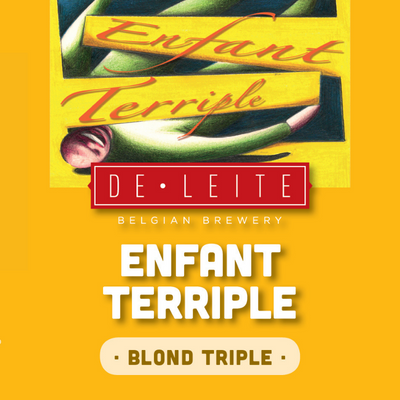 Geel bieretiket van De Leite Enfant Terriple met rood logo en witte tekst blond tripel.