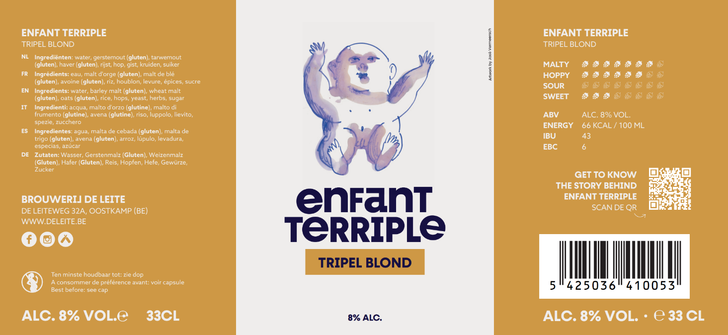 Bieretiket van Enfant Terriple tripel blond met babyillustratie, goudgele vlakken en productinformatie.
