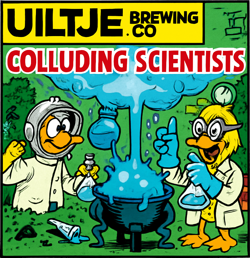 Etiket van Uiltje Colliding Scientists